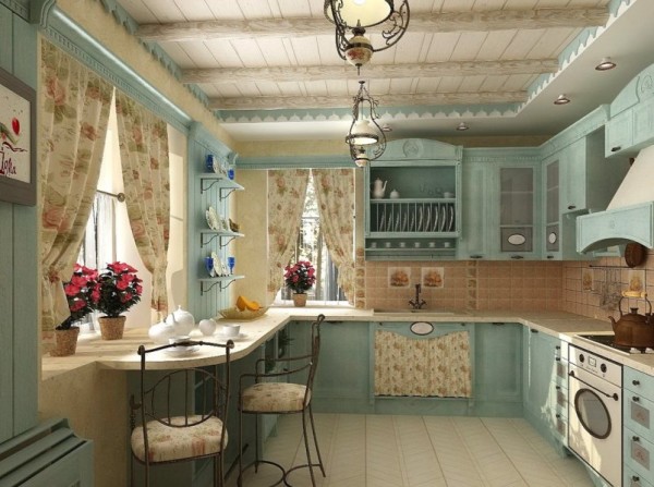 Светлый потолок и нежная мята на стенах – ощущение света и чистоты на кухне в прованском стиле